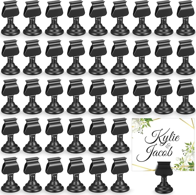 Kathfly 48 Pcs Metal Table Number Holders 1.7 Inch Black Mini Place Card Holders Bulk Harp-clip Table Sign Stands Card Holder Display Picture Memo Notes Menu for Weddings Restaurants Birthday Decor