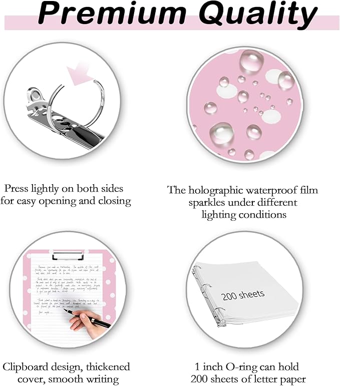 Etzul 3 Ring Binder 1 inch with Clipboard - Pink Polka Dot Design, Includes Dividers, File Bag & Spine Label - Fun and Functional for School or Office, Holographic Waterproof Film
