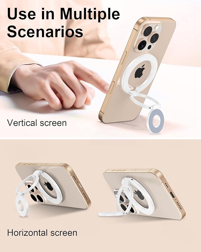 MagSafe Phone Ring Holder, Dual-Side Magnetic Grip Stand with Metal Ring, Foldable Kickstand for iPhone 17 16 15 14 13 12, Wireless Charging Compatible, Works with Magnetic Car Mounts & Desks-White