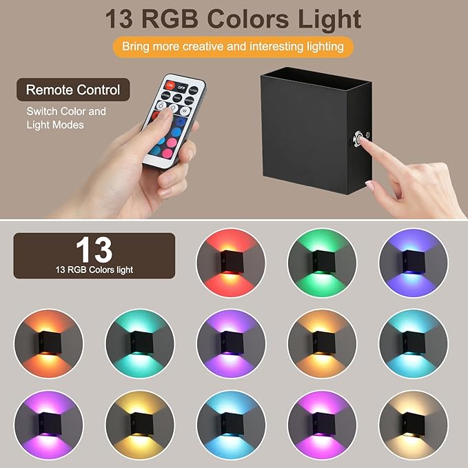 Battery Wall Sconces Set of Two, Rechargeable Colored Wall Lights with Remote, Stick Up and Down Indoor Lighting Cordless Sconce for Hallway, Black