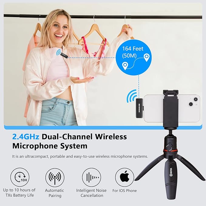 Sevenoak Wireless Lavalier Microphone for iPhone,MFi Certified, Plug Play Noise Cancelling Lapel Mic,196ft Transmission,10H Working Time,Cordless Clip on Mic for Video Recording Live Streaming