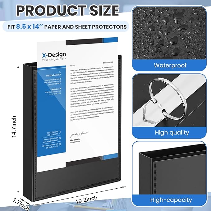 Henoyso 4 Pcs Legal Size Binder with View Cover 3 Ring 1" Durable PP Plastic Black Binders for 8.5" x 14" Paper Hold up to 175 Sheets for Documents, Office, Home, Work Places