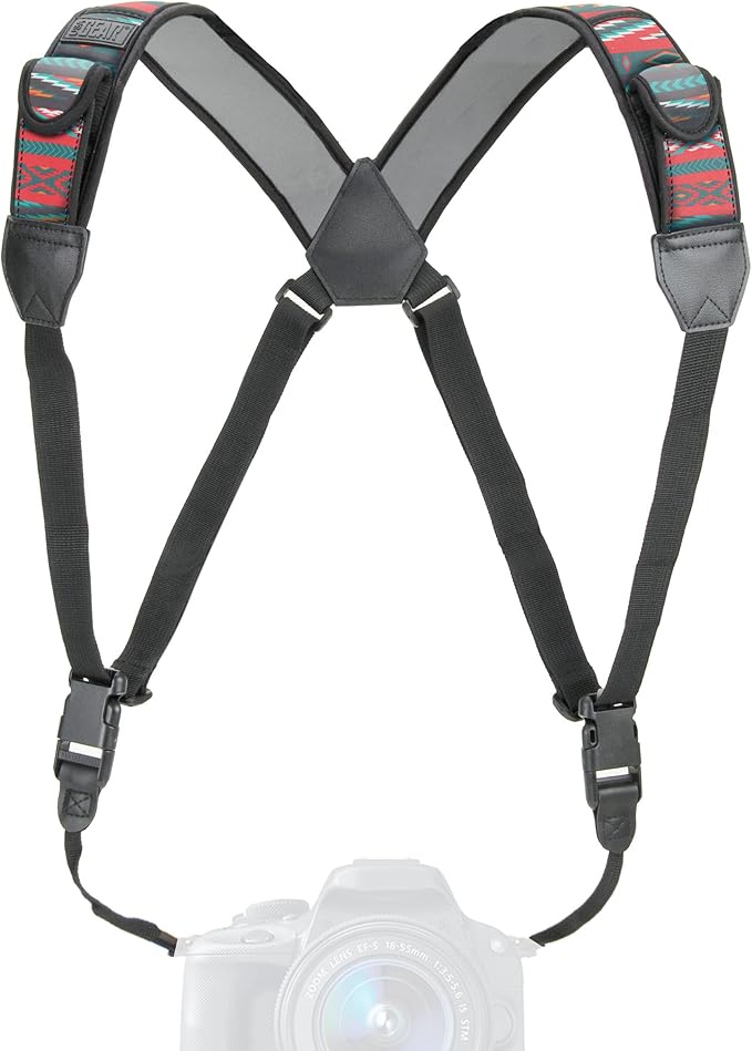 USA Gear DSLR Camera Strap Chest Harness with Quick Release Buckles, Southwest Neoprene Pattern and Accessory Pockets - Compatible with Canon, Nikon, Sony Point and Shoot and Mirrorless Cameras