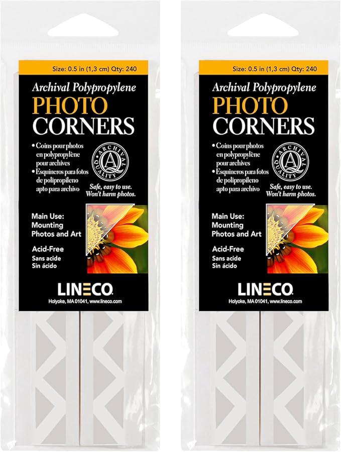 Lineco Archival Polypropylene Mounting Corners, Pressure Sensitive Acid-Free Acrylic Self-Adhesive Backing, 0.5 Inch Clear, for Artwork Photos Certificates Displaying Pictures (Qty: 240) 2 Pack