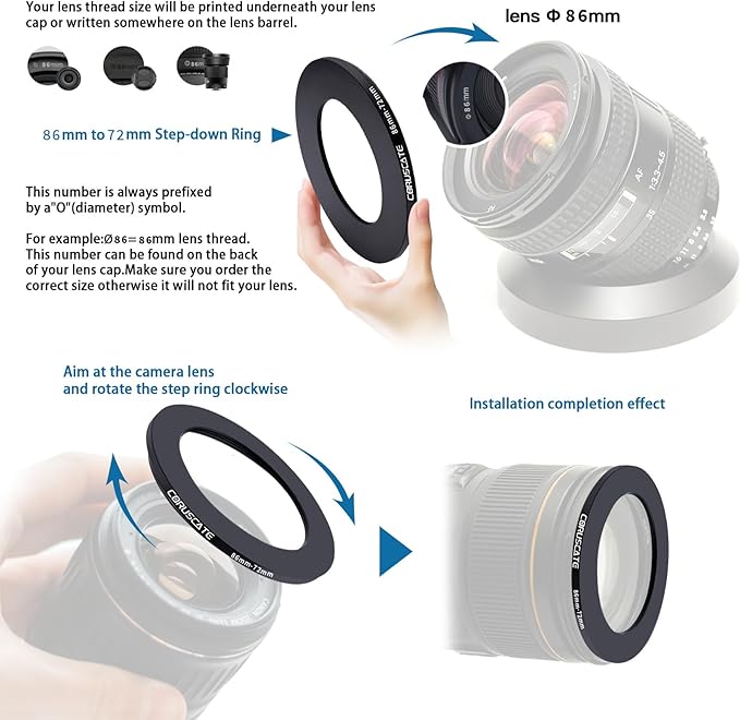 86mm to 72mm Camera Filter Adapter Ring,86mm-72mm Lens Adapter Metal Filter Rings Compatible All 86mm Size Lens and 72mm Thread Size Camera Accessory+1pcs Lens Cleaning Cloth.