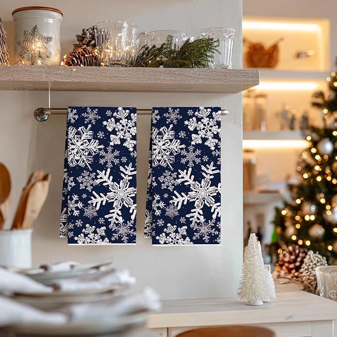Artoid Mode Blue Snowflakes Winter Bar Kitchen Towels, 12x24 Inch Quick Dry Microfiber Cloth Dish Towels for Kitchen Drying Set of 2