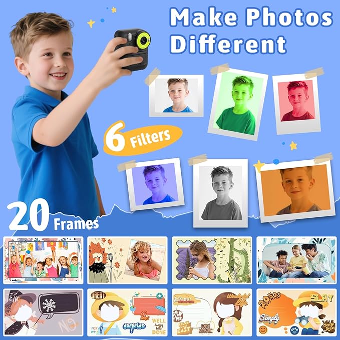 Okaloka Kids Instant Print Camera Toys,1080P HD Toddler Digital Video Camera,Birthday Christmas Gifts for Girls Boys age 3-12 Year old - 32G SD Card Included (Black)