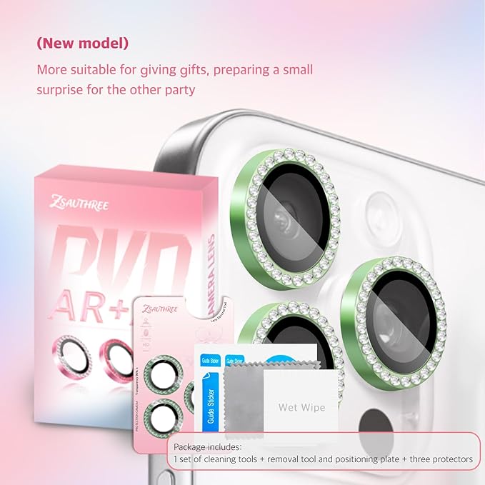 Camera Lens Protector Bling Compatible for iPhone 15 Pro/15 Pro Max,9H Tempered Glass,1Step Installation Tray,HD Clear/Military Grade Shatterproof/Scratch Resistant(Diamond Green)