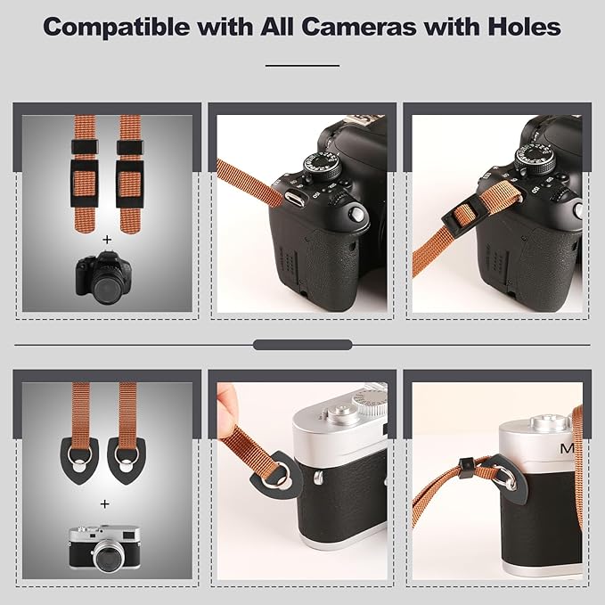 Universal Camera Strap - Camera Neck Strap, Adjustable Shoulder Straps Compatible with Canon, Fujifilm, Nikon, Olympus, Panasonic and other SLR and mirrorless cameras - Khaki and Black Stripes