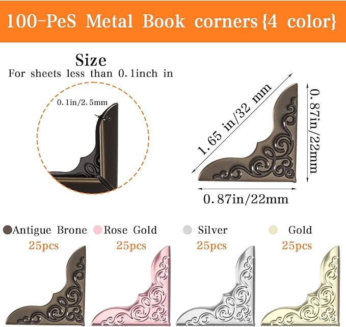 Matwsec 100PCS Metal Book Corners Book Corner Protectors with a Storage Box for Scrapbook Photo Album Notebook Diary Folder Corner Decorative Triangle Carved Frame Angle
