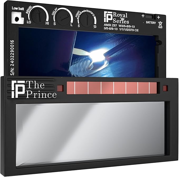 The Prince 1.0 | Shade 5-13 Adjustable Silver Auto Darkening Welding Lens | 2" x 4 1/4" x 0.33" | Adjusts From Shades 5-13 | Silver Front - Light Blue Weld View | Ridge Products Royal Series