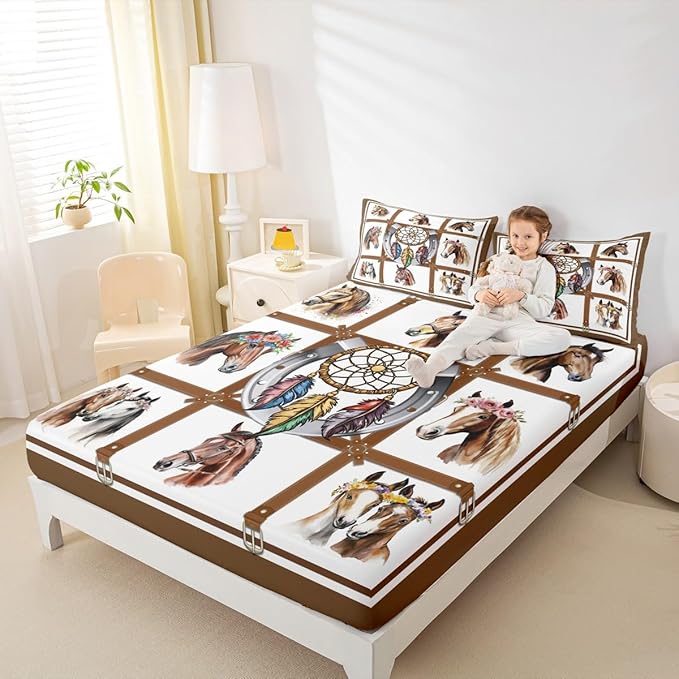 Erosebridal Horse Sheets Cowboys Western Brown Horse Print Bed Sheets Cowgirls Rustic Farmhouse Decor Fitted Sheet Grids Patchwork Flat Sheet Dream Catcher Feather Bedding Sets King Size 4 Pcs