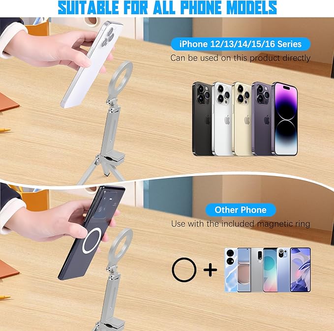 Magnetic Phone Tripod Stand,Tripods Mount Foldable,Magnetic Tripod Selfie Stick,Upgrade Mini Cell Phone Tripods Mount Handle Smartphone Desk Stand for Video Recording Travel,PhoneStand (Silver)