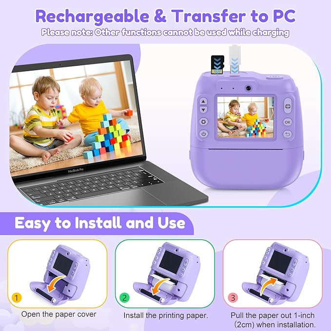 Instant Camera, Kids Camera Instant Print with 2.4 Inch Screen, Christmas Birthday Gifts for Girls Boys Age 3-12, Toddler Digital Print Toy for 3 4 5 6 7 8 9 10 Year Old, Front Rear Dual Selfie,Purple