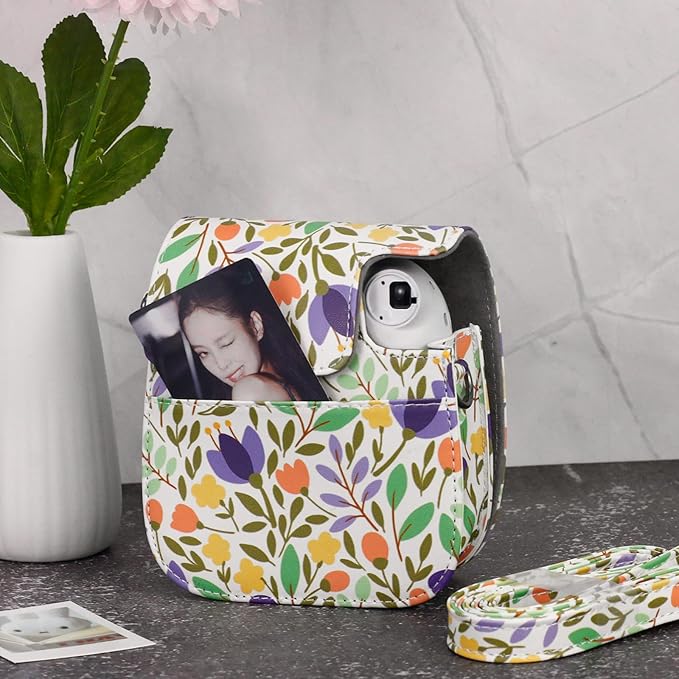 Frankmate Protective Case Fit for Fujifilm Instax Mini 12 11 9 8 Camera, PU Leather Camera Bag with Pocket and Adjustable Shoulder Strap (Flowers Green)