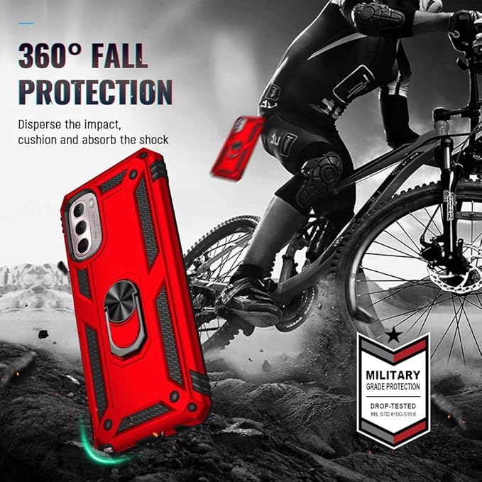 Androgate Compatible with Motorola Moto G Stylus 2022 4G Case with HD Screen Protector, Military-Grade Metal Ring Kickstand 15ft Drop Tested Shockproof Cover Case for Moto G Stylus 4G 2022, Red
