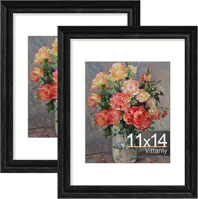 Vittanly 11x14 Picture Frames Set of 2, Ornate Vintage Photo Frame for Wall or Tabletop, Display 8x10 Pictures with Mat or 11x14 without Mat, Distressed Black