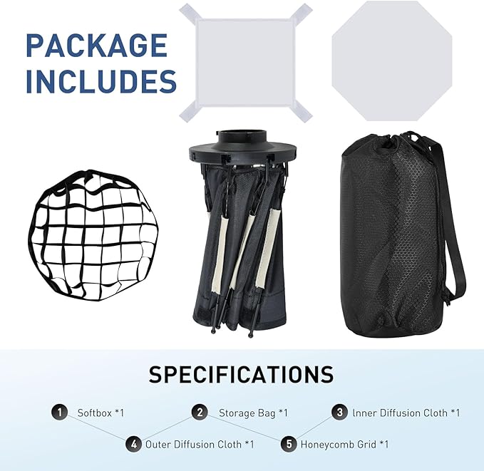 29cm Mini Octagonal Softbox with Removeable Diffuser Cloth Honeycomb Grid Compatible for Mini Bowens Mount LED Video Lights