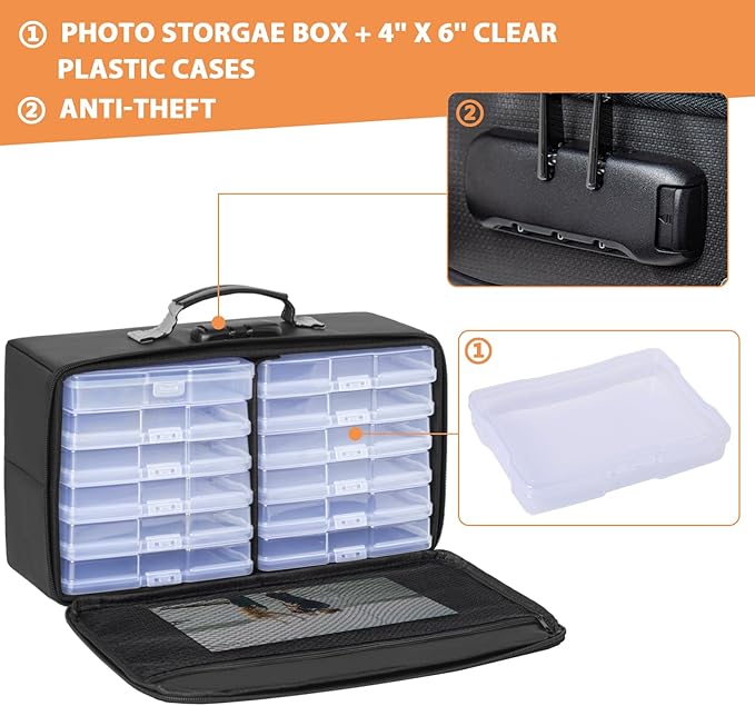 IBVIVIC Fire-resistant Photo Storage Box with 12 Inner 4" x 6" Photo Case(Clear),Photo Box Organizer with Lock