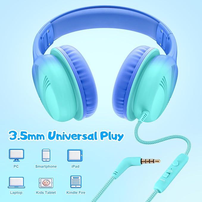 Kids Headphones, Wired Headphones for Kids with Microphone 85/94dB Volume Limit, Stereo Sound Portable Over Ear Headphones for School/Travel/Tablet/iPad, Gradient Blue