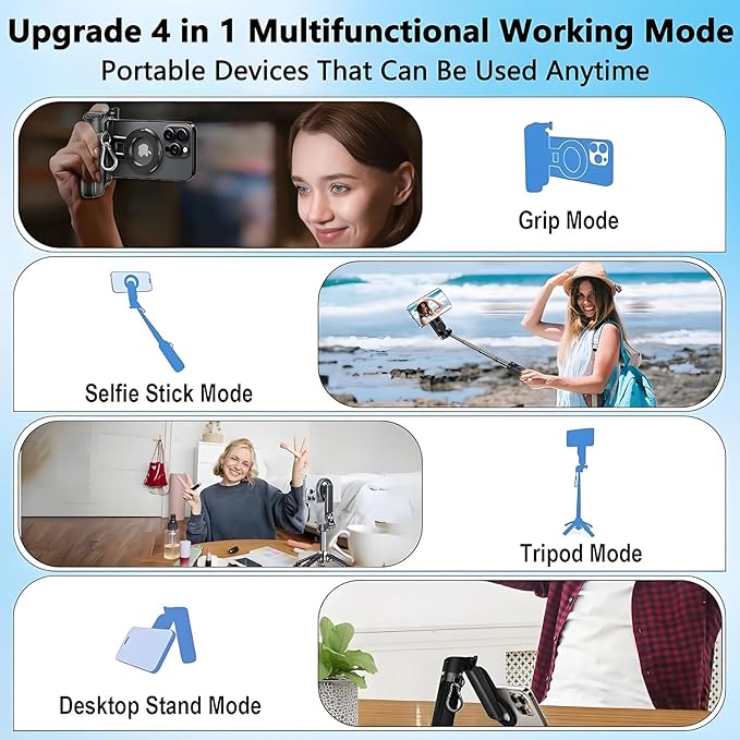 4-in-1 Multifunctional 360° Rotation Magnetic Selfie Stick with Detachable Wireless Remote for iPhone & Android, Portable Extendable Phone Tripod Stand for Travel Vlog Live Streaming