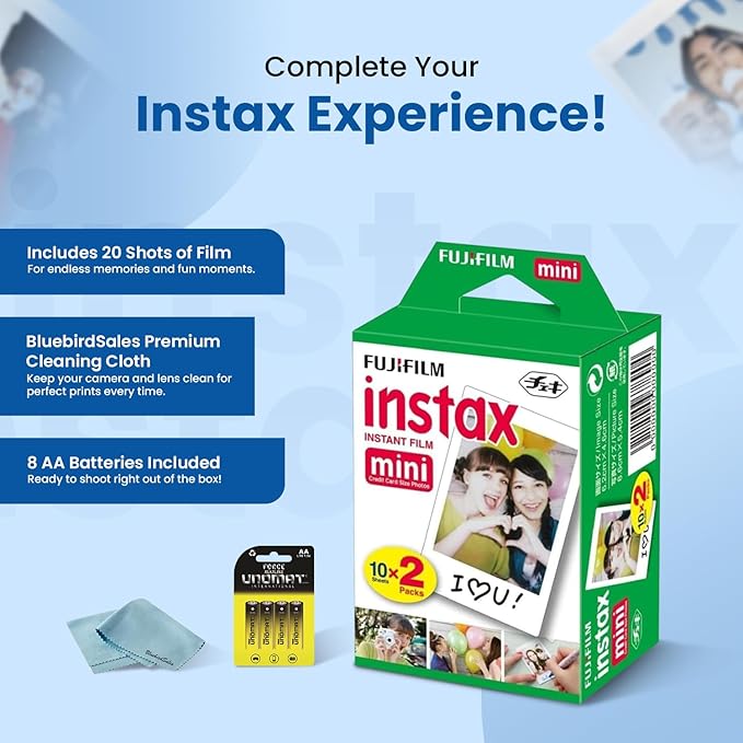Fujifilm Instax Mini Instant Film, 20 Shots (10 Sheets x 2) – Capture Memories Anytime, Anywhere + BluebirdSales Premium Cleaning Cloth & 8 AA Batteries