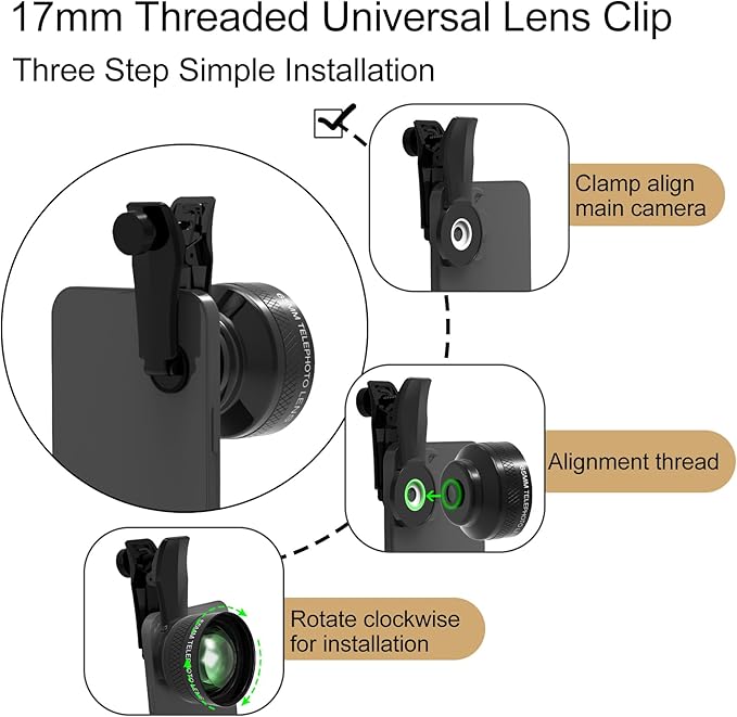 65MM Telephoto Lens for iPhone Android Smartphones, with 17mm Thread Universal Phone Lens Clip and Portable Bag, Compatible with SmallRig and NEEWER Phone Cage
