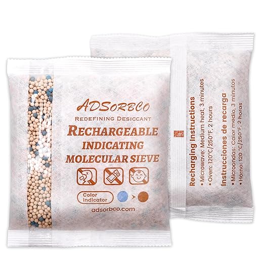 Adsorbco Rechargeable Molecular Sieve Desiccant Packs – Indicating Silica Gel Packets for Rapid Moisture Absorption in Pharmaceuticals, Supplements, and Electronics (2, 500g)