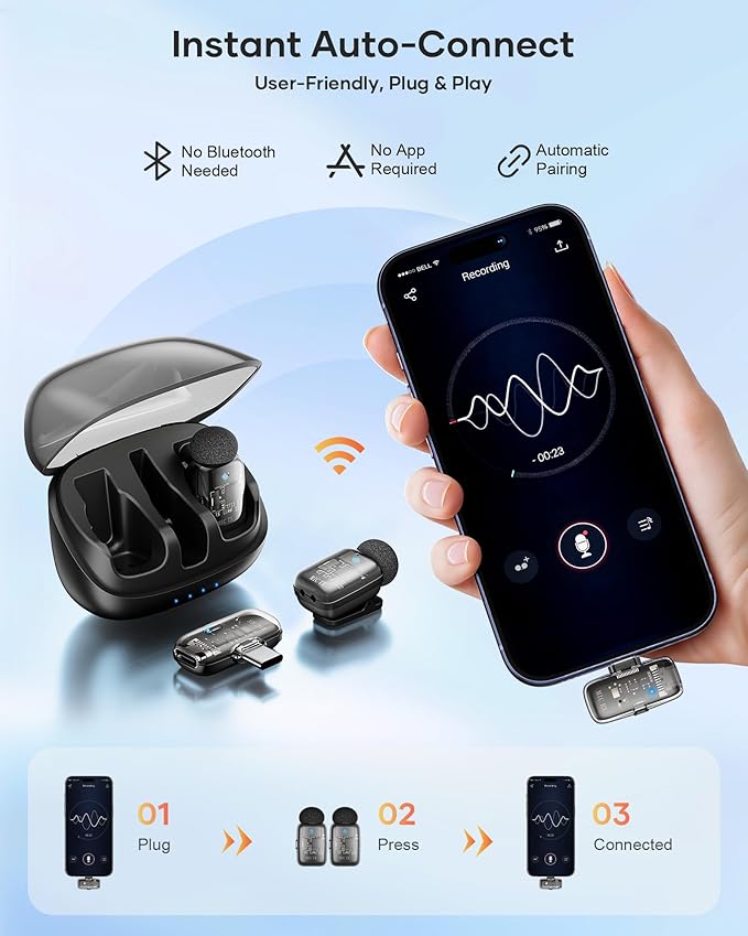 Mini 2 Wireless Lavalier Microphones for iPhone 15/16/17 & Android, 3-Level Noise Reduction, Plug & Play, 36H Battery with Charging Case, Wireless Lapel Mic for Video Recording, Vlogging