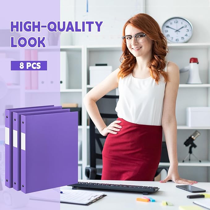 Henoyso 8 Pcs 3 Ring Binder 1/2'' Round Fits Letter Size 8.5'' x 11'' Paper Plastic Flexible Binder Holds 140 Sheets with 1 Pockets Versatile Organizer for Home Office School (Purple)