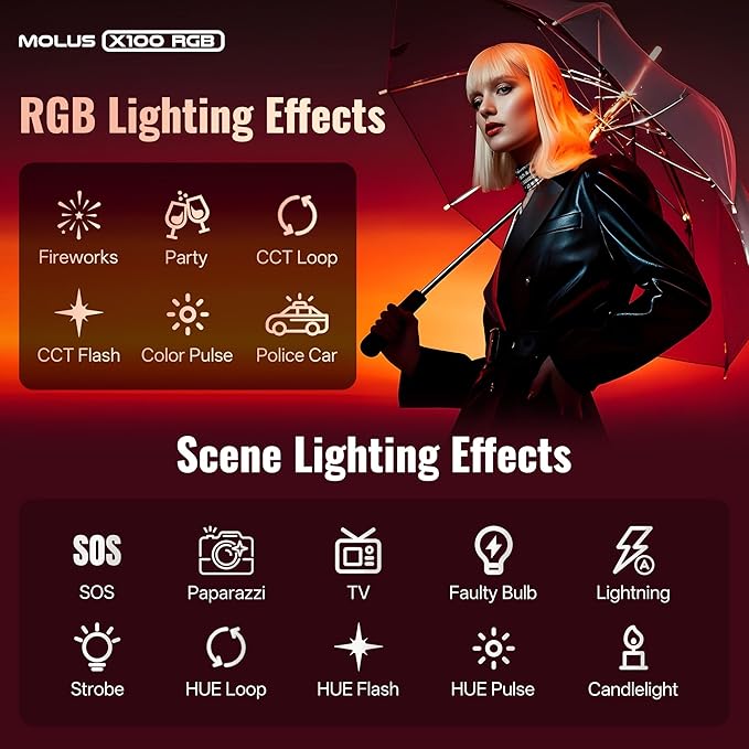 ZHIYUN MOLUS X100 RGB PRO 100W Video Light [Official] V2 Upgraded Version Professional Photography Lighting Portable Continuous Output Lighting 2500K~10000K CRI≥95 TLCI≥97 Only 384g for Youtuber TT
