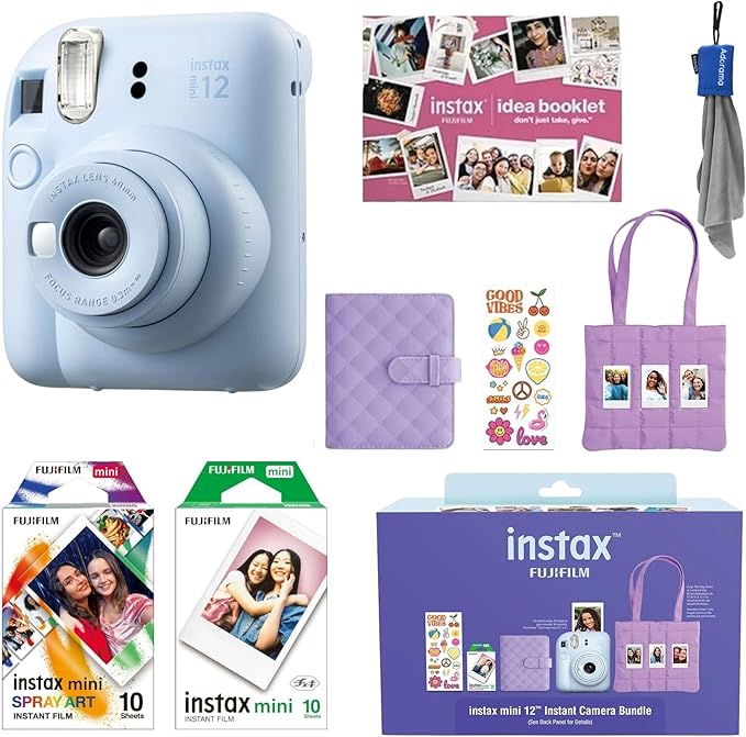 Fujifilm Instax Mini 12 Instant Film Camera All Included Holiday Bundle 2025 + Spray Art Instant Film 10 Exposures (Pastel Blue)