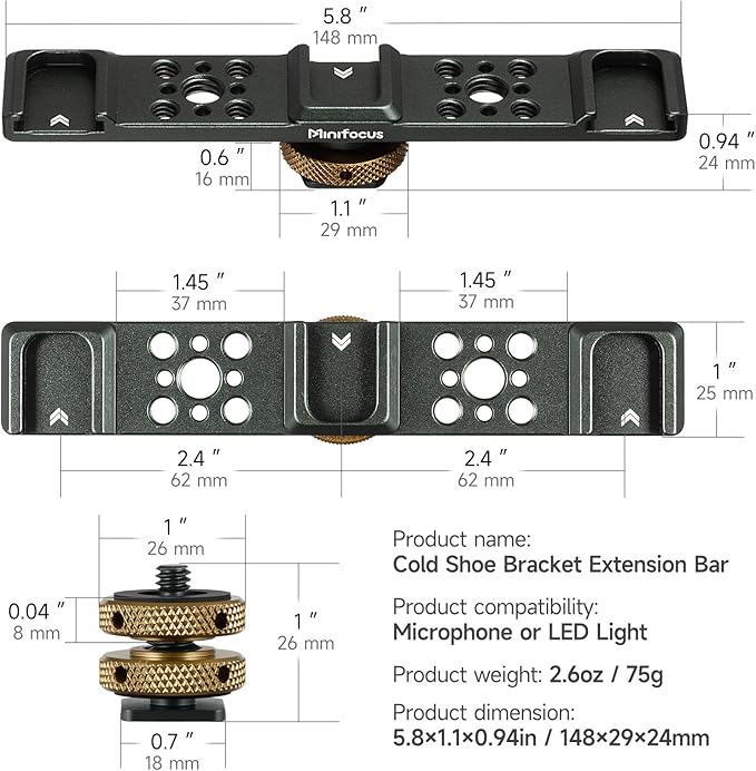 MINIFOCUS Triple Cold Shoe Extension Bar Mount, Aluminum Alloy Hot Shoe Mount Bracket with 1/4" Thread Holes for DSLR Camera Microphone Tripod LED Video Light Flashlight