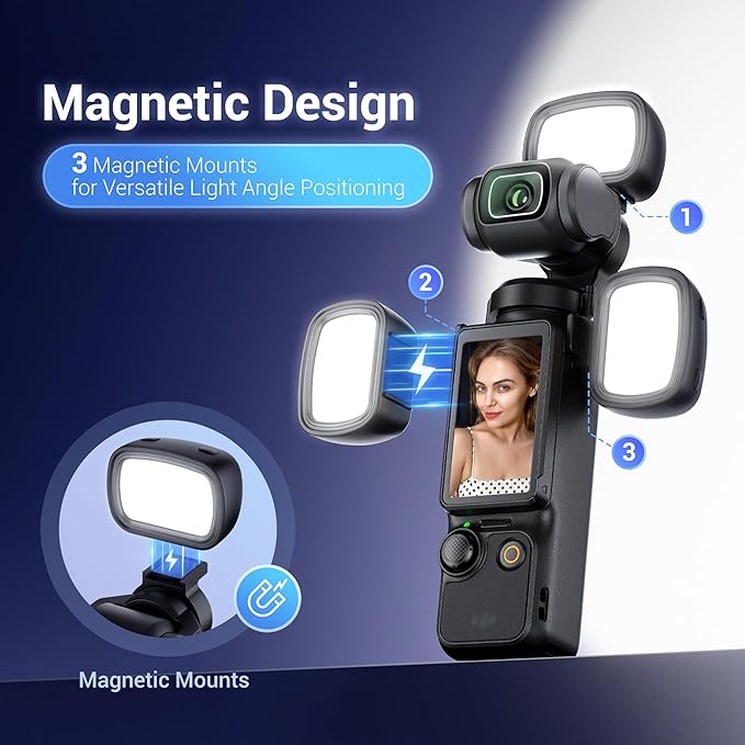 JJC Magnetic Mini LED Light for DJI Osmo Pocket 3 Creator Combo, 3000K/4500K/6500K, CRI 95+, Brightness Adjustable, Pocket3 Vlog Accessories Rechargeable Selfie Lighting