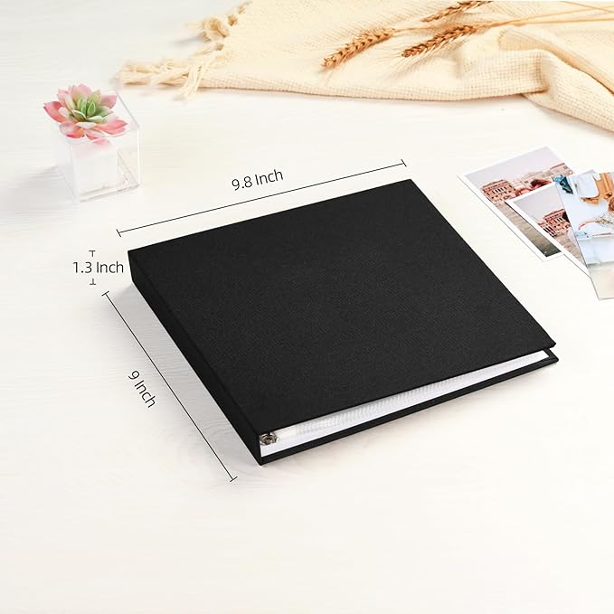 Mublalbum 8x8 Inch Small 3 Ring DIY Scrapbook Photo Album with 20 Plastic Sleeves 40 Pages Linen Cover Folder Binder for Baby Travel Wedding Anniversary and DIY Projects (Black)