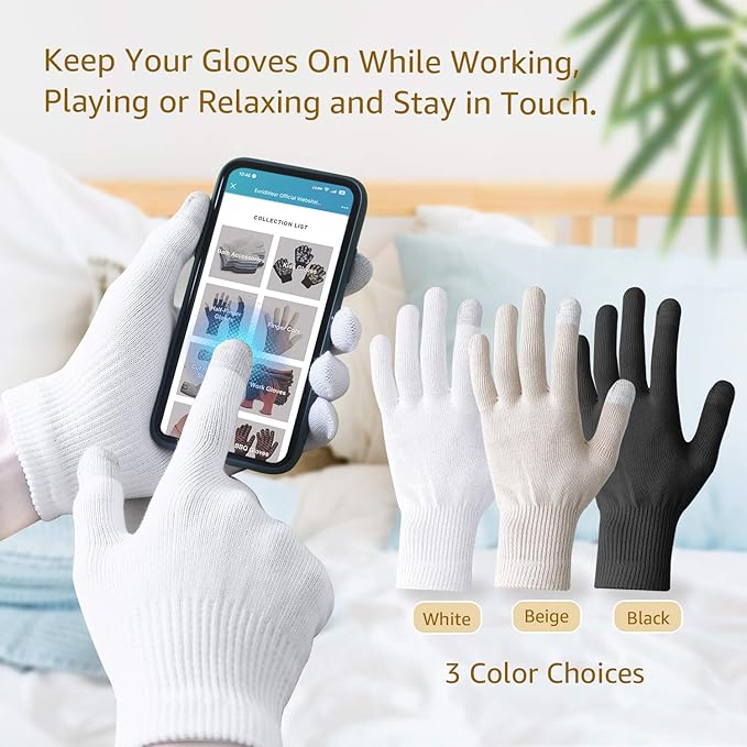 Evridwear Unisex Moisturizing Cotton Gloves with Touchscreen Fingertips for Eczema Beauty Cosmetic Dry Hands Sensitive Irritated Skin Therapy Overnight Bedtime, 6 Pairs, Lightweight-White, S/M