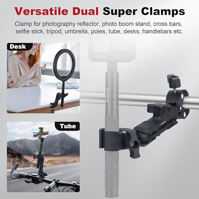 Double Clamp Mount,Double Super Clamp Camera Mount with 360° Ballhead Magic Arm for Desk, Cross Bars,Tripod, Handlebar Studio Light Stand Holder Photography Reflector, Flag, Umbrella,JC025