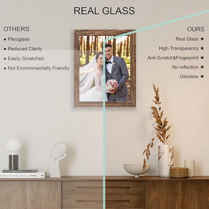 10x13 Picture Frame Set of 4, Made of Real Glass and Rustic Brown Frame, 10 by 13 Photo for Wall or Tabletop - Display Picture 8.5x11 with Mat or 10x13 Without Mat