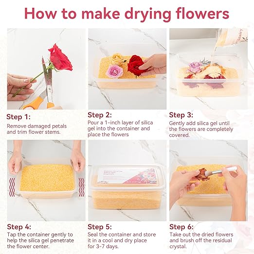 Silica Gel Flower Drying Crystals 5LBS, Reusable Color Indicating Flower Drying Silica with Airtight Container and Brush, DIY Wedding Bouquet Flower Preservation Kit, Fine Bead Size<1mm