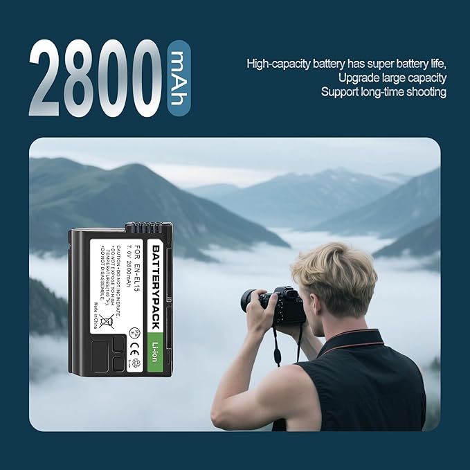 EN-EL15 7V 2800 mAh 2-Pack Rechargeable Lithium Ion Battery Pack, Compatible with Nikon D850 D750 D810 D500 Z8 Z6 Z7 II Z5 D7500 D800 D800E D810A D600 D610 1 V1,USB Power delivery & Charge