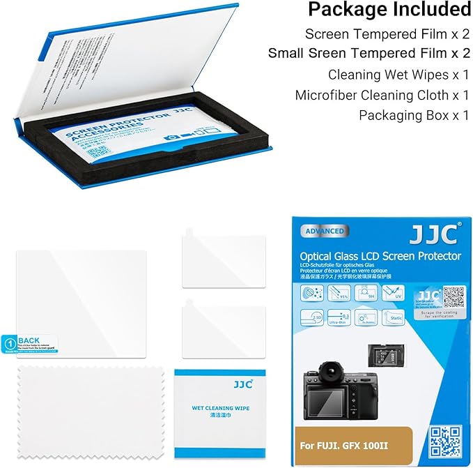 JJC (2 Pack) Screen Protector Compatible for Fujifilm GFX 100 II Fuji GFX100 II Camera, 2 Pcs LCD Screen and 4 Pcs Small Screen Tempered Glass Film, Ultra-Thin Clear 9H Anti-Fingerprint Anti-Scrach (Not for GFX 100S II)