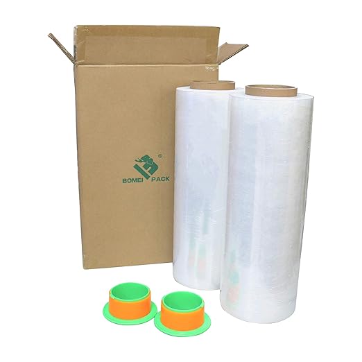 BOMEI PACK 2 Pack 1500ft Industrial Clear Stretch Wrap Film 70 Gauge 15" with 3inch Plastic Rolling Handles for Pallet Wrap, Durable Self-Adhering Packing, Moving, Heavy Duty Shrink Film