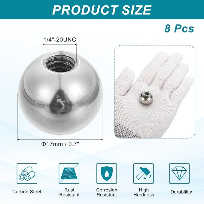PATIKIL 8Pcs 17mm Ball Nuts Knob, 1/4"-20 UNC Female Threaded Steel Swivel Ball Joint Adapter Converter for Super Clamp Camera Hot Shoe Mount Light Tripod Phone Holder, Silver