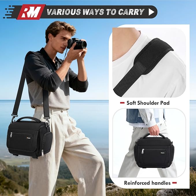 RAINSMORE Camera Bag, SLR/DSLR/Mirrorless Camera Case with Divider Tripod Holder Waterproof Sling Bag Crossbody Camera Bags for Photographers with Rain Cover for Canon/Sony/Nikon/Fuji, Black