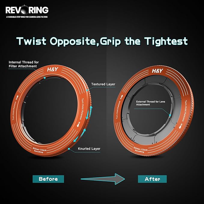 H&Y RevoRing Adjustable Step Up Ring 52-72mm to 77mm, Variable Lens Filter Adapter Ring, Universal Stepping System fits 52 55 58 62 67 72mm, Orange