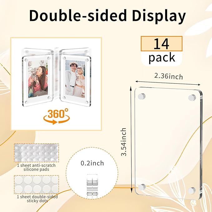 Yncotte 14 Pack Acrylic Magnetic Picture Frames, 2.3 * 3.5 Inch Acrylic Photo Magnets for Refrigerator, Double Sided Mini Picture Frame Magnets Clear for Fujifilm Instax Mini Instant Film