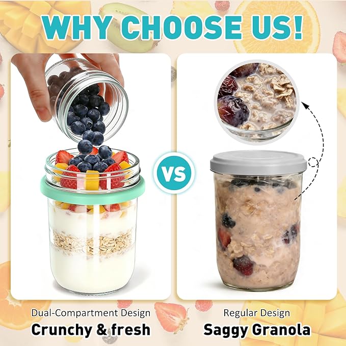 4 Pack Overnight Oats Containers with Lids and Spoons, 20 oz (16+4) Overnight Oats Jars with Dry and Wet Separation for Oatmeal Cereal Fruit Salad Yogurt, Dual-Layer Yogurt Parfait Cups with Lids