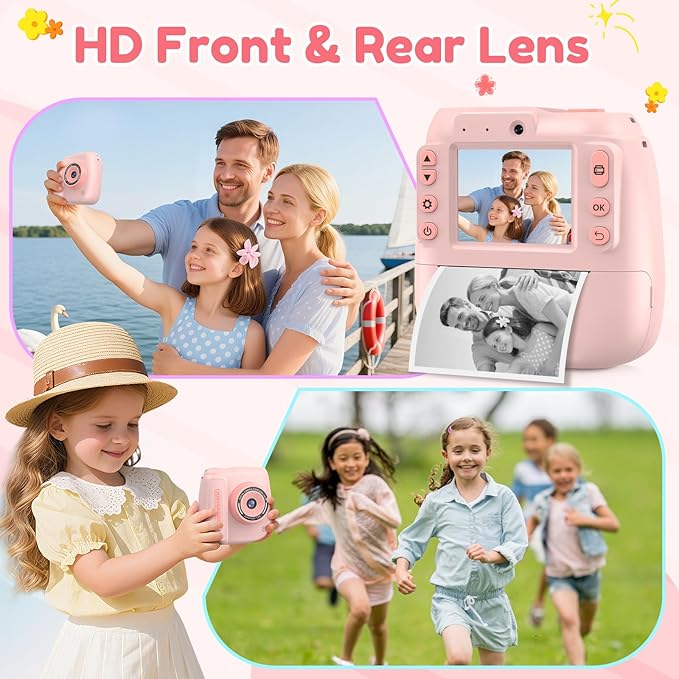 Kids Camera Instant Print, Kids Instant Camera with 1080P Videos, Christmas Birthday Gifts for Girls Boys Age 3-12, Portable Toddler Travel Digital Print Toy for 3 4 5 6 7 8 9 10 11 12 Year Old, Pink