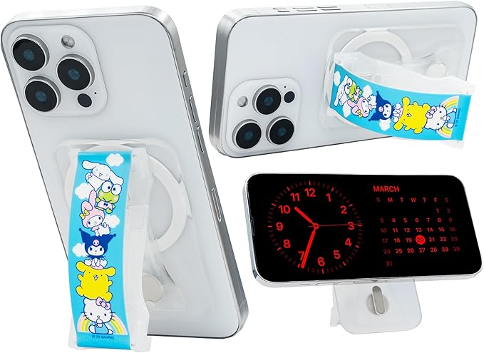 Hello Kitty and Friends Stack on Clear MagSafe Compatible Magnetic Phone Grip with Kickstand – Silicone Phone Strap for Smartphones & Tablets