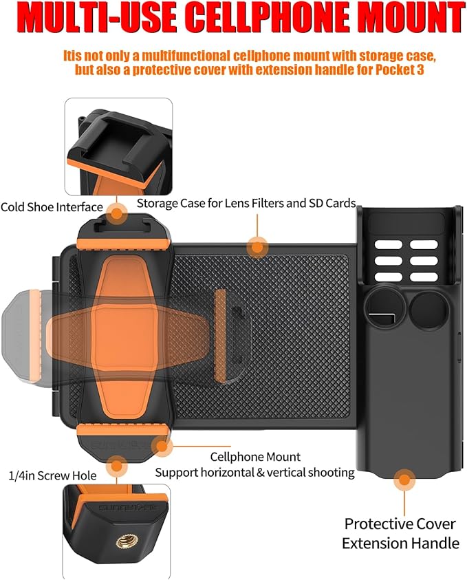 Pocket3 Phone Extension Holder for DJI Osmo Pocket 3 Camera Handle Accessories Cold Shoe Adapter Expansion Mount Mic Light Tripod Lens Filter SD Card Storage Case
